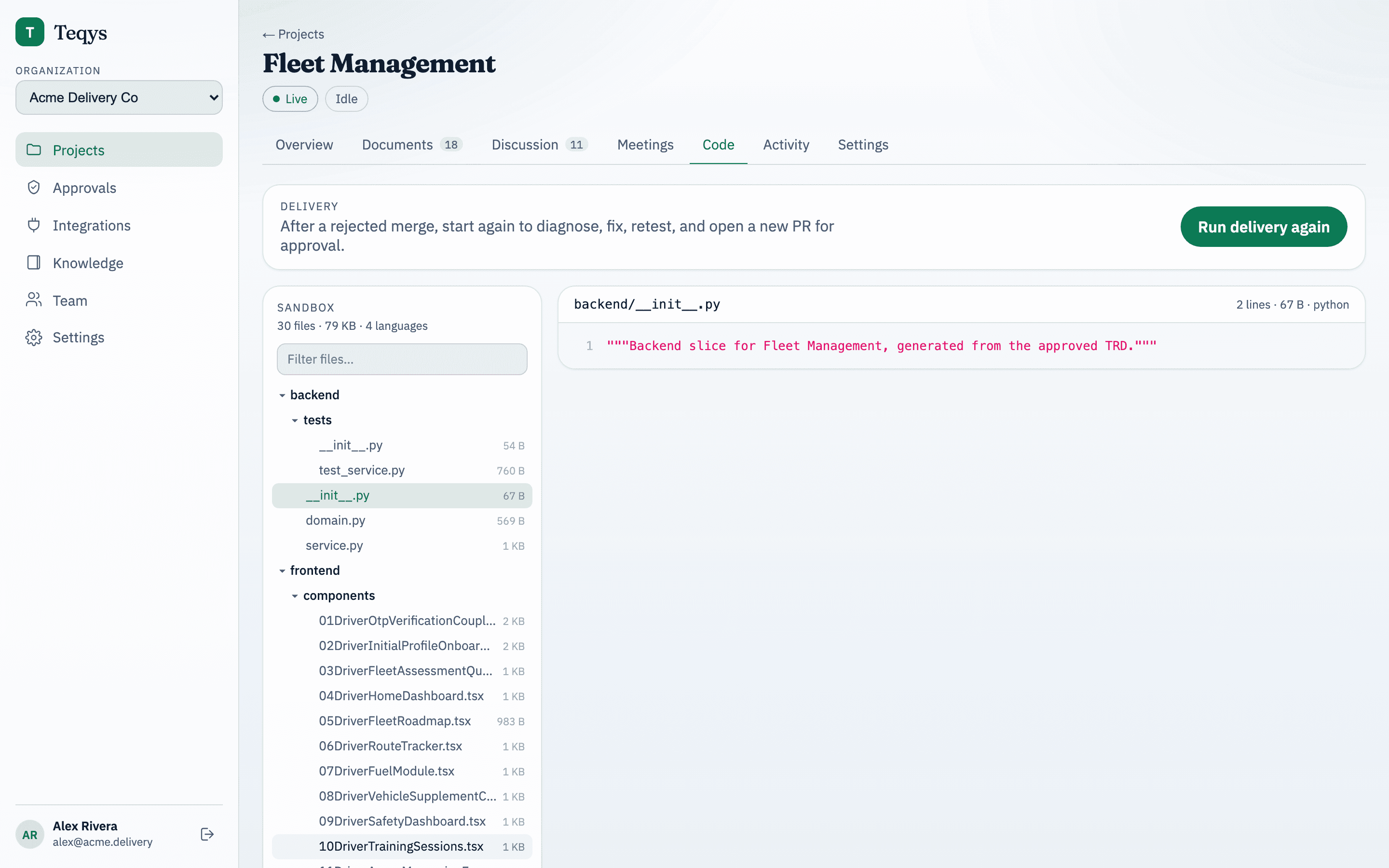 Teqys code tab showing sandbox files, test output and delivery controls