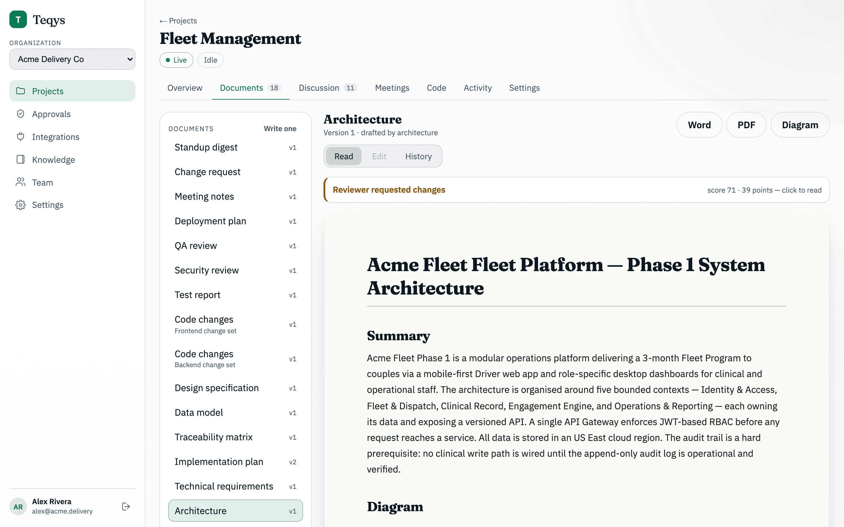 Teqys documents tab listing architecture and approval artifacts awaiting sign-off