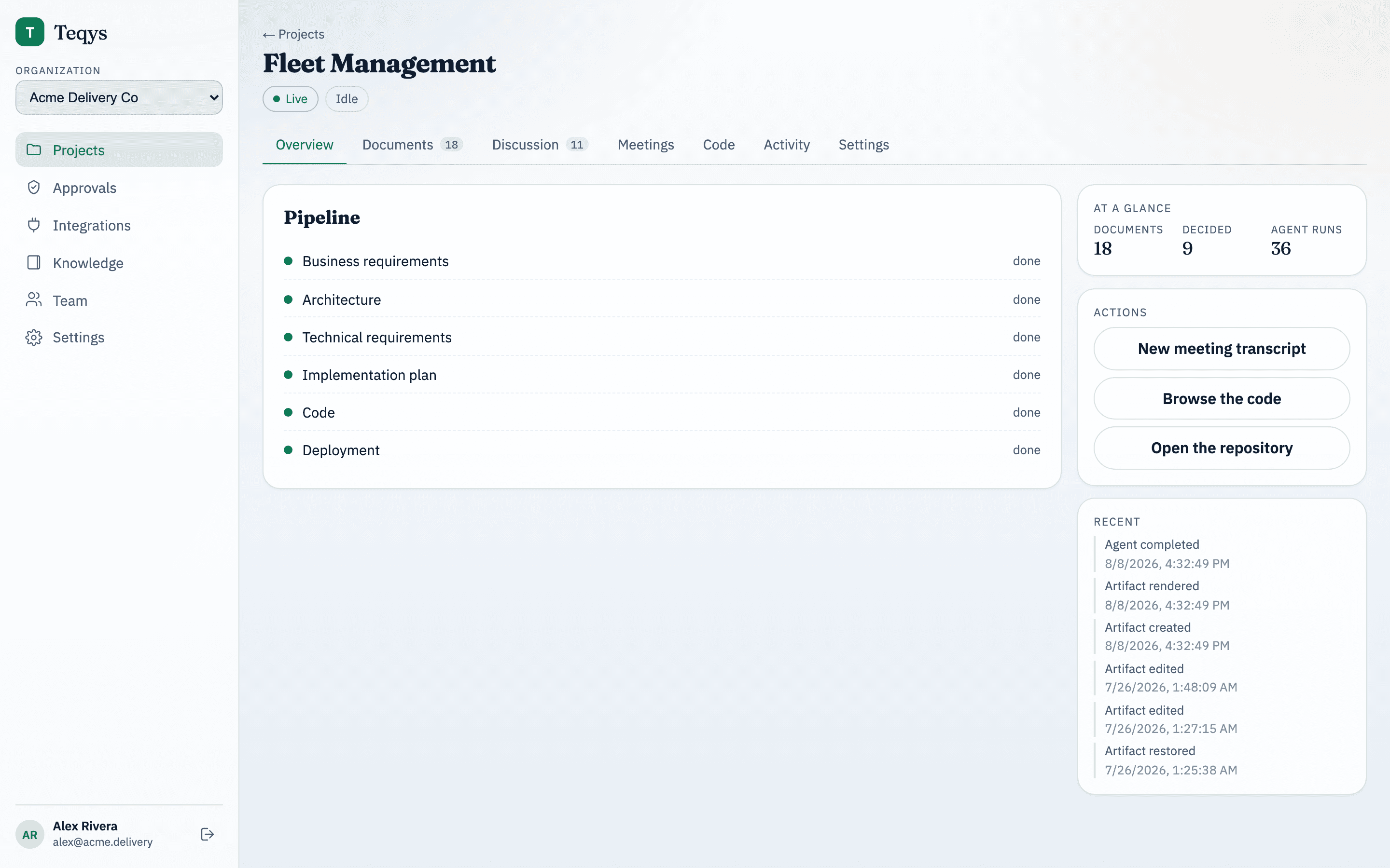 Teqys project overview for a sample fleet management engagement, showing pipeline progress and pending approvals